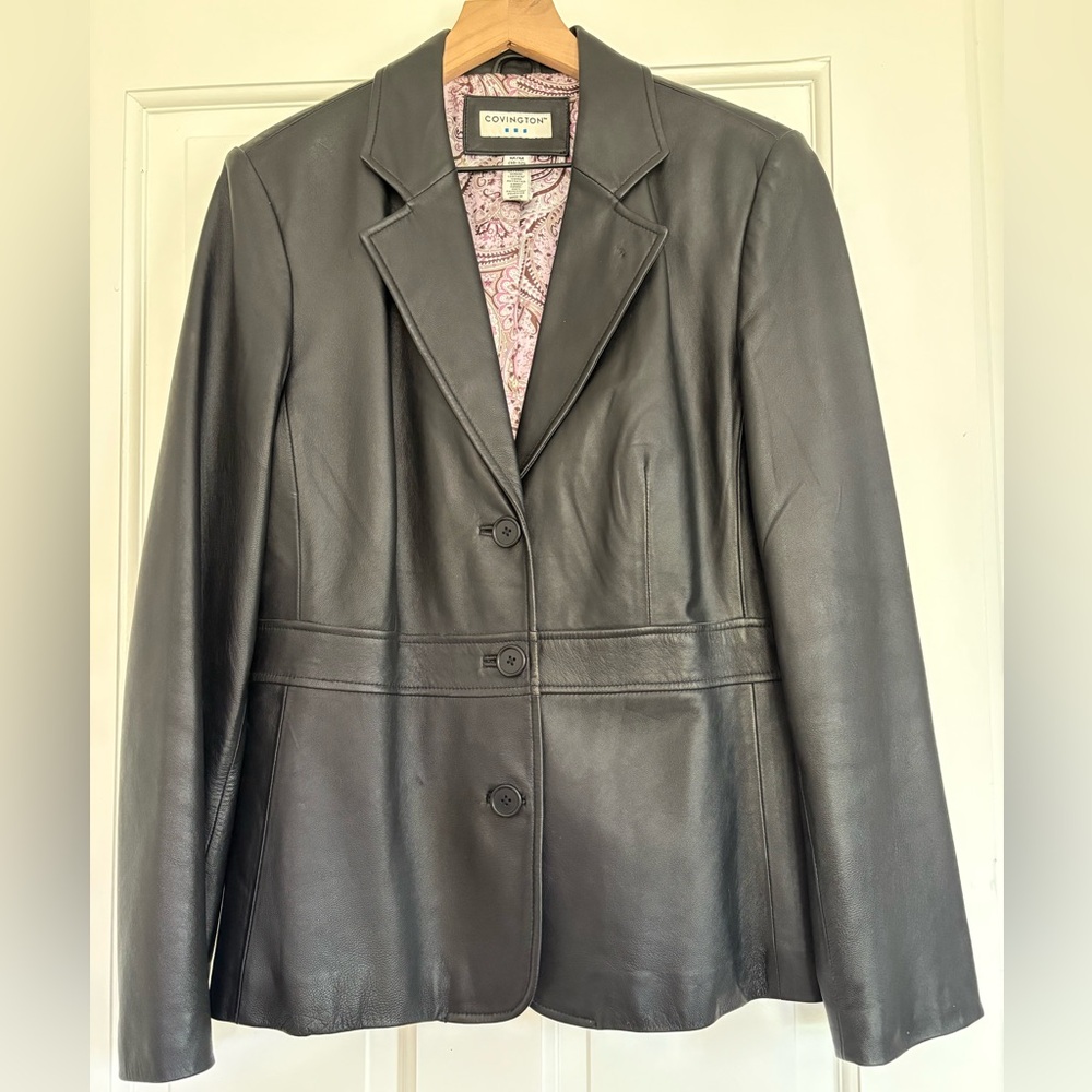 Vintage Covington Women’s Black Leather Blazer Jacket Paisley Lined Career 10/12